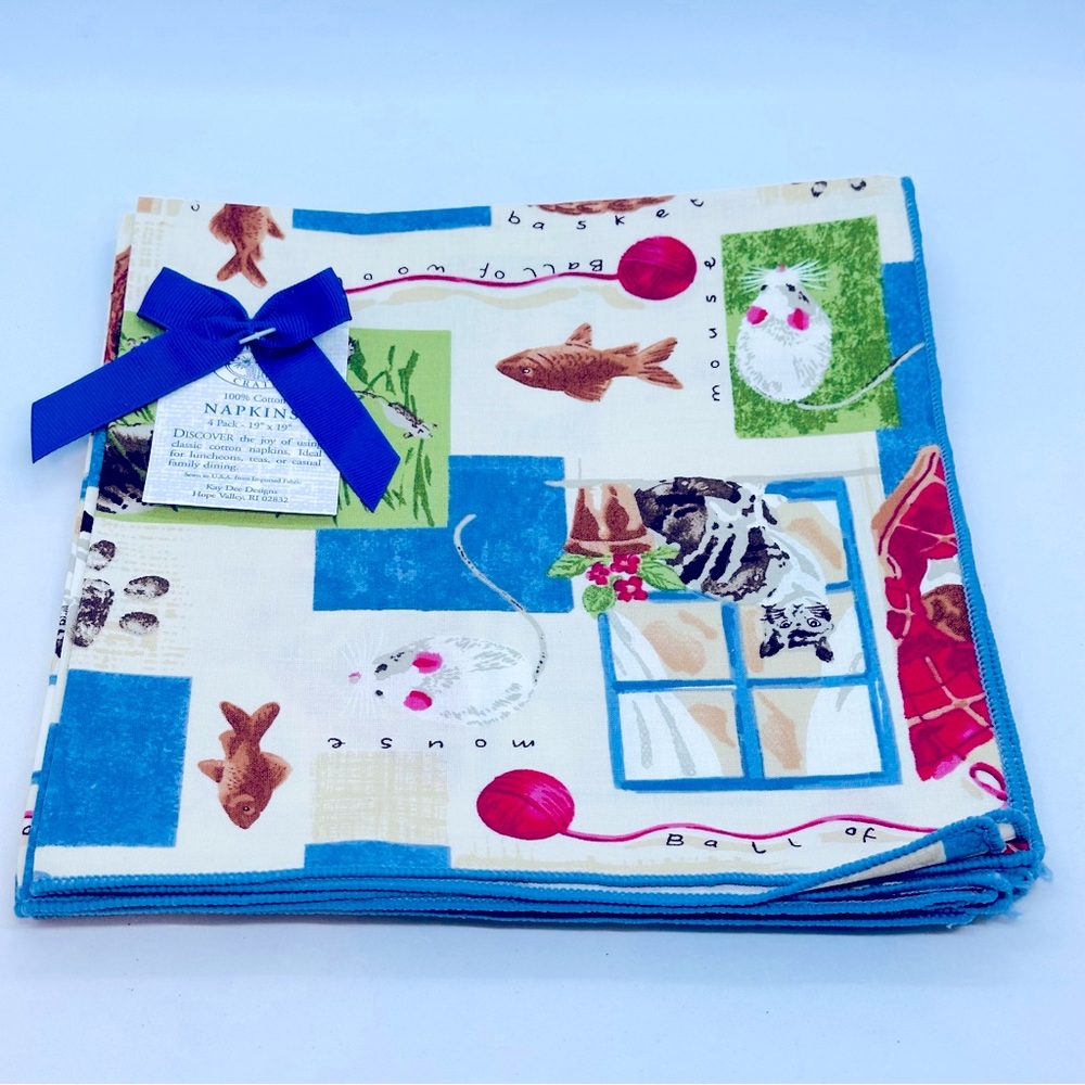 Pack Of 4 Kitchen Crate 100% Cotton Napkins 19" x 19" w/Cat Fish Mouse Design